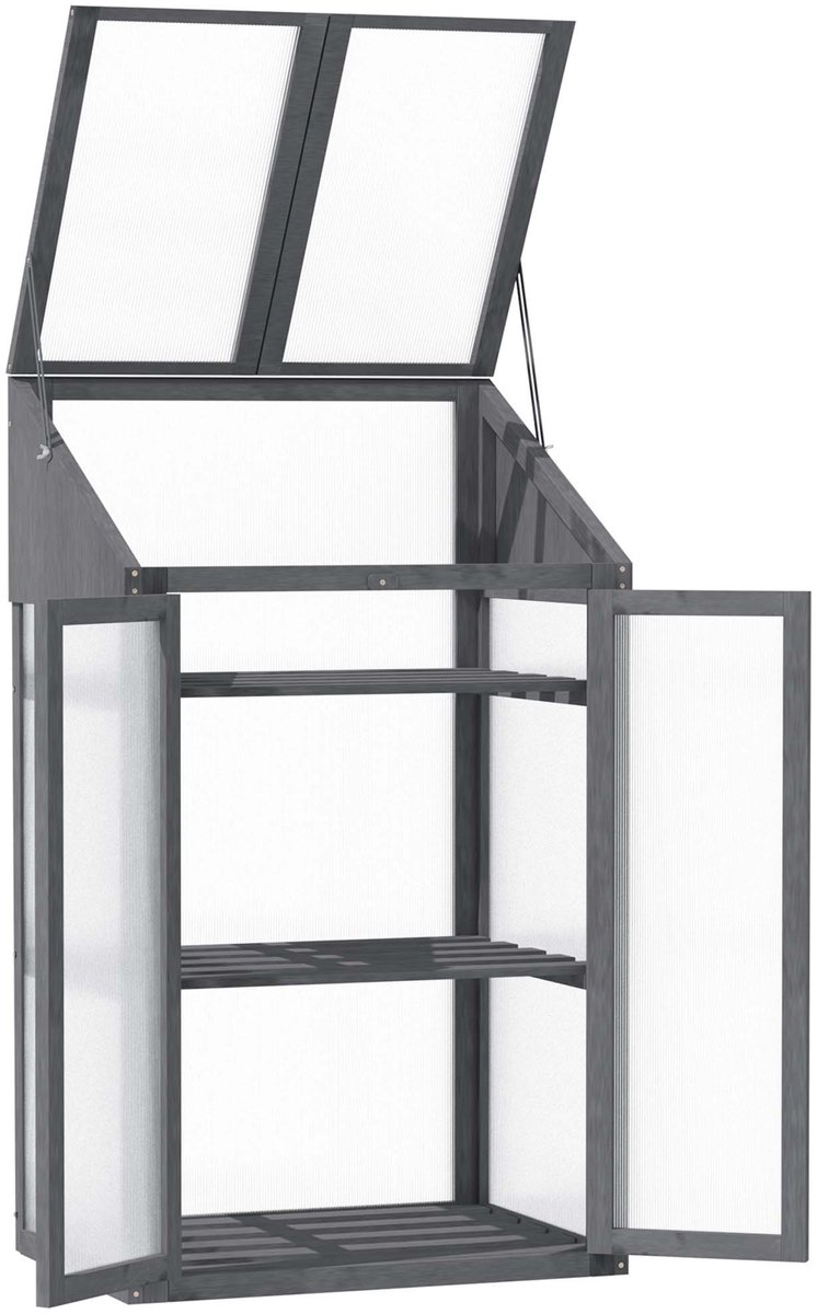 Minikas plantenkweekbak houten cold frame 70x50x120cm grijs met 3 lagen planken en deksel dubbeldeurs ontwerp halfdoorzichtige vorstbeschermde kweekbak stevig duurzaam houten frame geschikt voor tuin balkon plant en groenteteelt – foto 5
