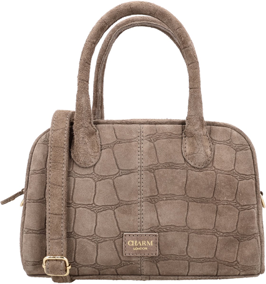 Charm London Cairo Handtas - Echt Suède - Crocoprint - Schouderband - Dames Tas - Ritssluiting - Leren Dames Tas - Donkertaupe