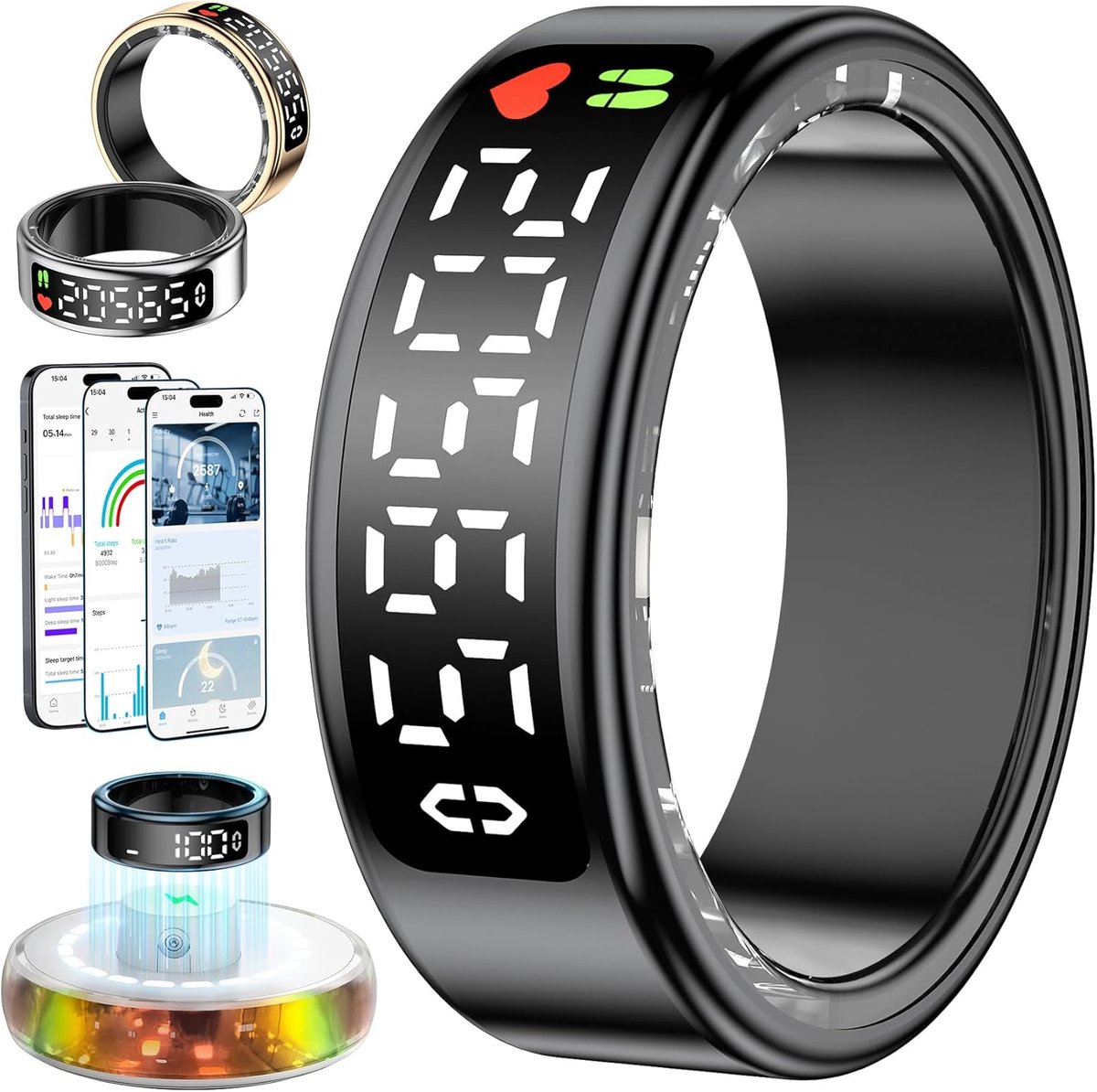 Smart Ring voor daschaar en heren, slimme ringen met led-display(Maat 10, 19,9 mm, zwart)