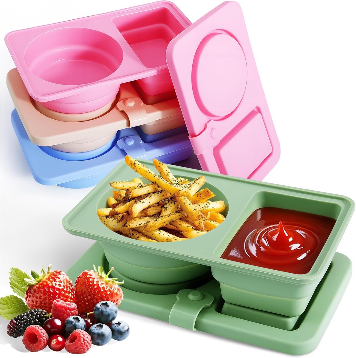 Siliconen Lunchbox - 4 Stuks - Opvouwbaar Snackbakjes - Snackbox Met Vakjes - Bento box - Fruitbakje - BPA vrij - Voor school, kantoor, reizen, de sportschool en picknicks - Roze+Blauw+Beige+Groen
