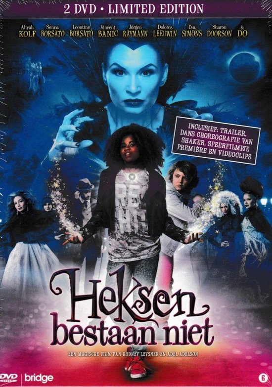DVD-hoes van "Heksen bestaan niet" met een jong meisje in het midden, omringd door heksen. Bevat extra's.