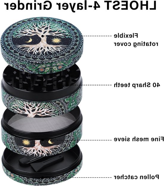 Grote 63 mm Kruidengrinder met Scraper en Plastic Borstel, 4-laags Pollenmolen voor Specerijen, Duurzaam Metaalontwerp met Boommotief — afbeelding 2