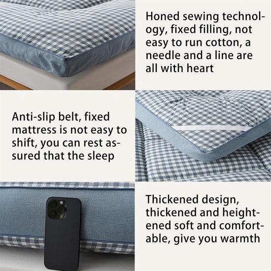 Dikke futonmatras - Vloermatras oproller - Comfortabel slapen - Driedimensionaal ontwerp - 200 cm - Blauw geruit — afbeelding 2