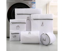 Waszak Set Van 6 - Wasnet - Waszakken Voor Wasgoed -Speciaal voor wasmachines - Wasnetjes met Rits - 6 maten - Geschikt voor sokken, T-shirts, jurken, jassen, broeken en beha's - Tweelaags - Wit met borduursels