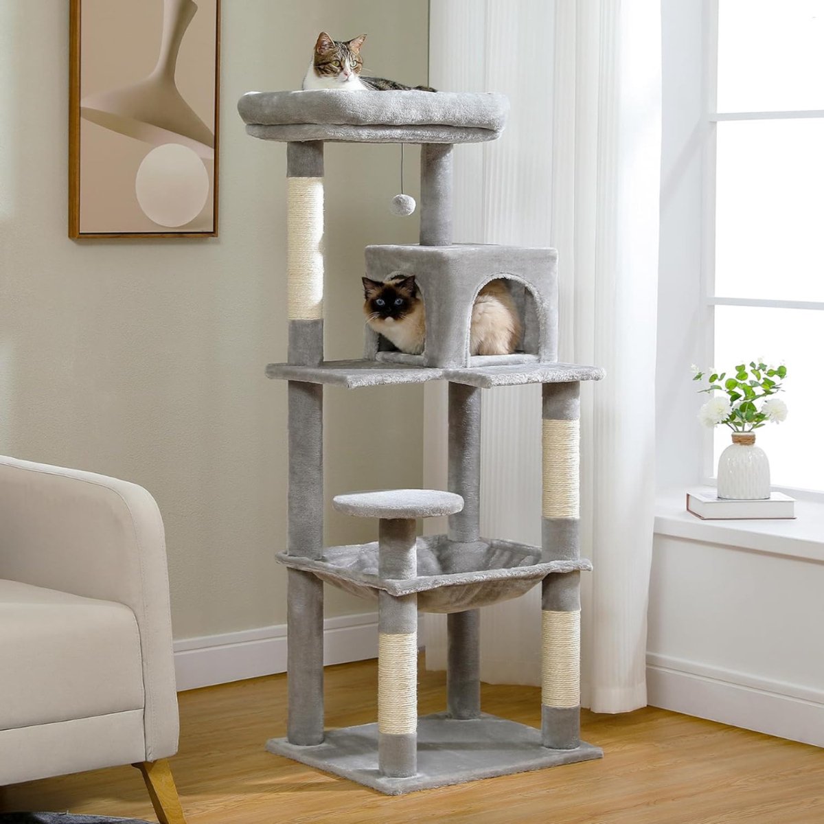 TIM® Krabpaal Voor Zware Katten – Grote & Stevige Krabpaal - Krabpaal Voor Grote Katten - Kat Toren – Krabton – Hoge Krabpaal 143 cm - XXL - Katten Verblijf – Krabtoren - Grijs- 143cm x 45cm x 143cm