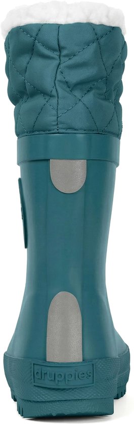 Achterkant van een petrolblauwe regenlaars met gewatteerde kraag en witte voering. 'druppies' logo op de zool.