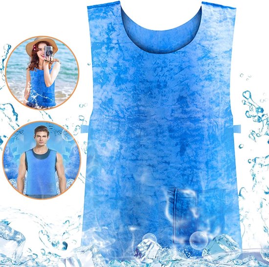 Blauw koelvest op de voorgrond, met een vrouw en man die het vest dragen in kleinere cirkels.