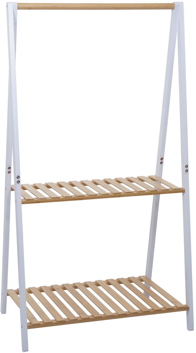 Bamboe kapstok MCW-Q32, kapstok, kledingrek, schoenenrek, met stang en 2 planken, 130x70x44 cm ~ naturel-wit