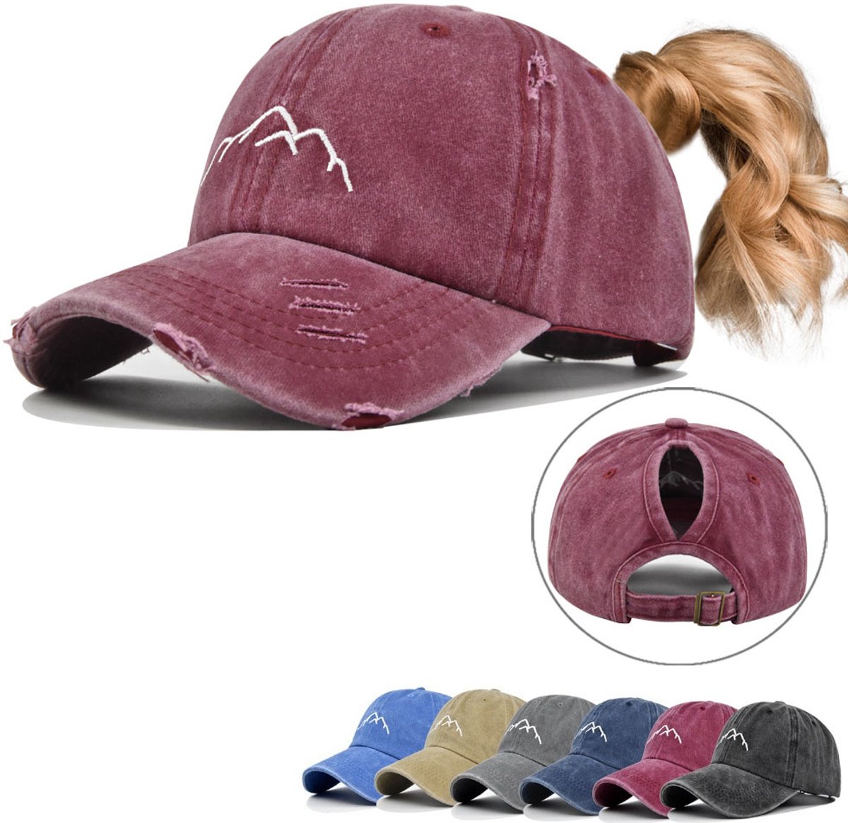 Dames Katoenen Baseball Pet met Paardenstaart Opening – Vintage Geborduurd Bergmotief, Brede Zonneklep & Verstelbaar(Rood- Model met opening voor paardenstaart)