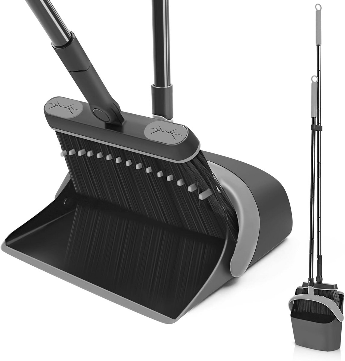 JEHONN Broom and Sweeper Set with Long Handle, 138 cm, 180° Rotatable, for Camping, Sweeping Broom for Awning, Home, Office, Lobby, Patio (Black & Grey)