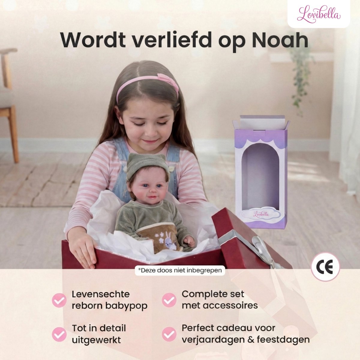 Lovibella® Noah Reborn Baby Pop Meisje - Levensechte Babypoppen - Dementie poppen - 45 cm - Complete Accessoires Set - Realistische Poppen - Zoals Echt - Zacht Vinyl - Doll Speelgoed 3 Jaar — afbeelding 8