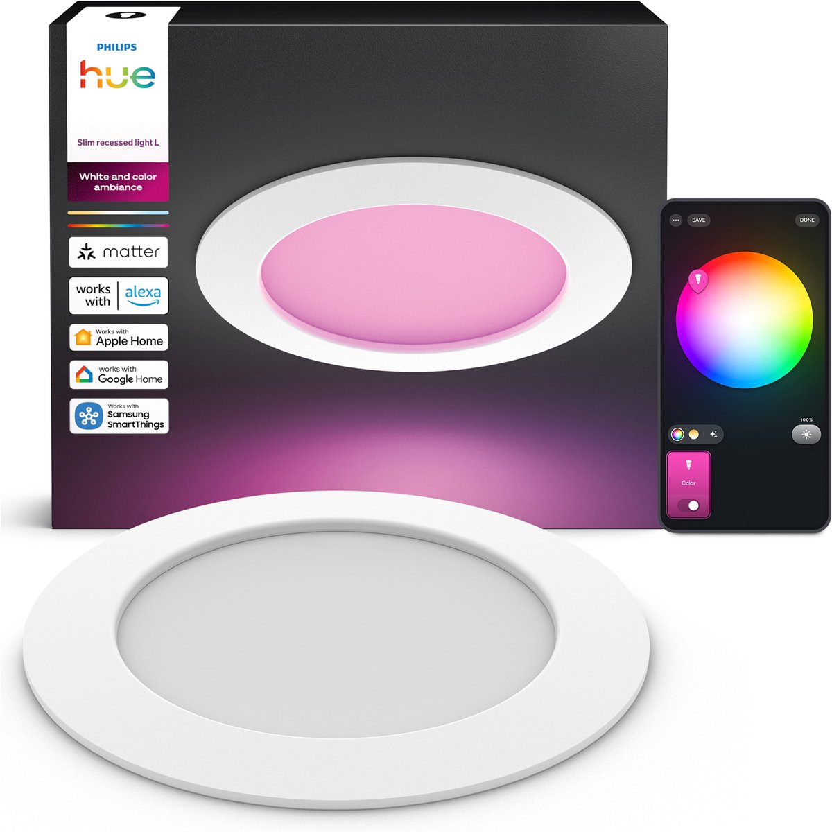 Philips Hue dunne LED inbouwspot - badkamerverlichting - GU10 fitting - bevat 1 inbouwspot - aanpasbaar wit en gekleurd licht - wit - IP44: spatwaterdicht - Ø: 170mm - slimme verlichting