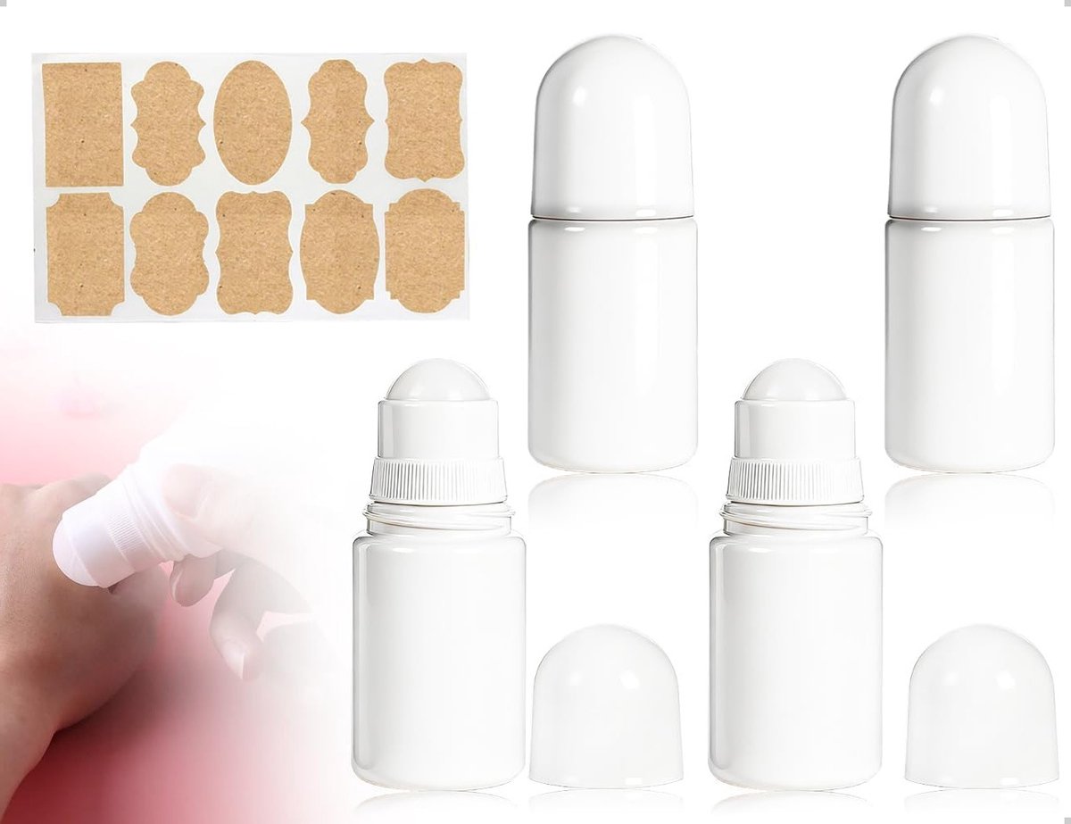 Navulbare rollerflessen set van 4 stuks, kunststof lege flessen voor aromatherapie, geuroliën en parfum (wit, rond, 50 ml)