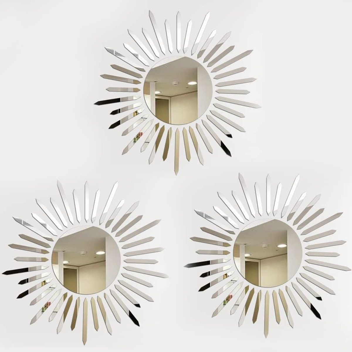Decoratieve Wandspiegels Set van 3 - Kleine Spiegels voor Keuken, Slaapkamer en Badkamer - 3D Spiegel Tegels voor Wanddecoratie in Zilver