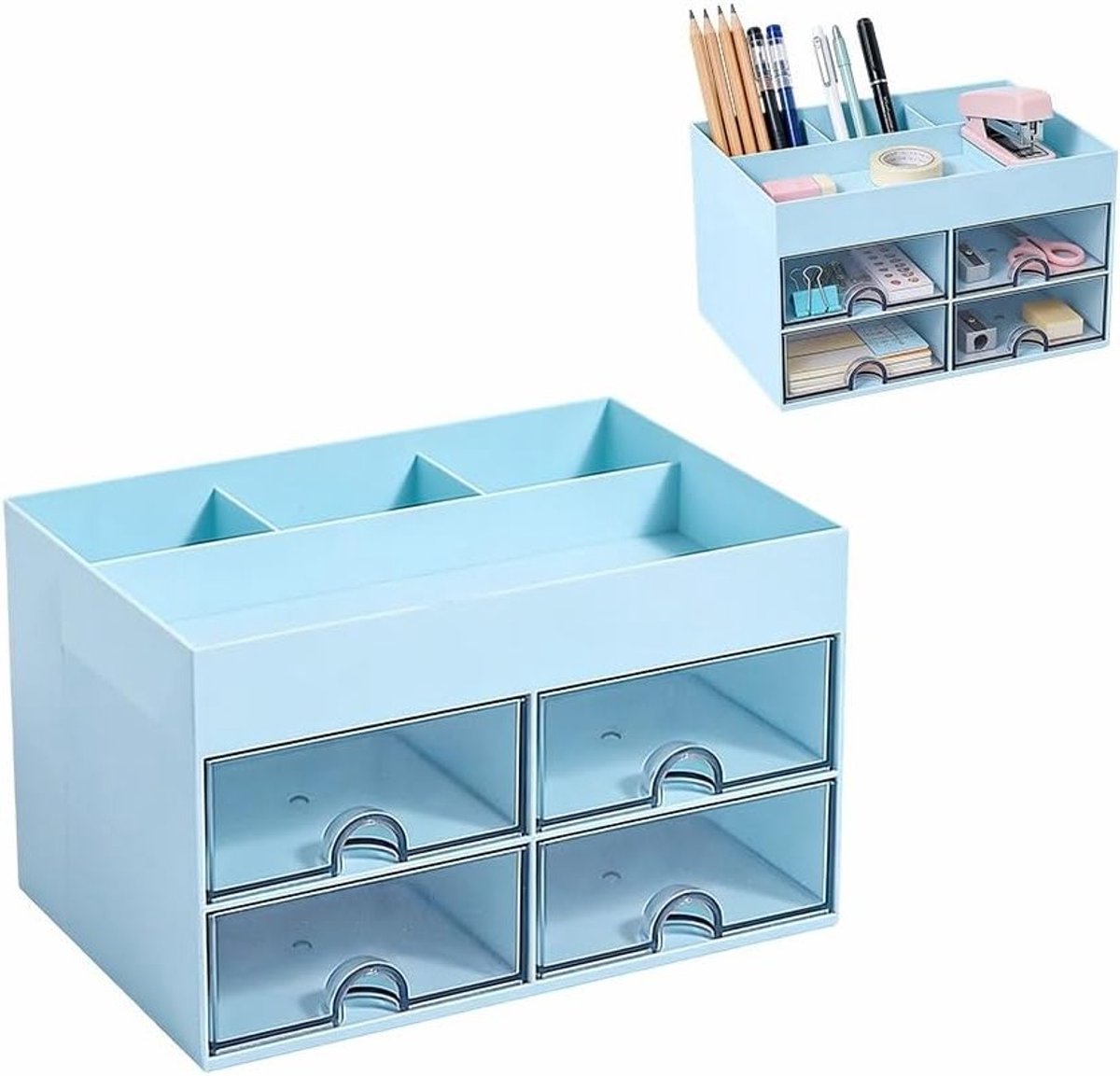 Multifunctionele Pennenhouder met 4 Laden en 8 Compartimenten voor Bureau, Organiser voor Kantoor, Thuis en School, Ruimtebesparende Opbergdoos in Blauw