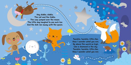 Een kinderboek met liedjes. Een bruine hond, een rond bord, een kat die viool speelt, een vos en een bruine koe die over de maan springt.