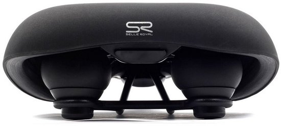Zwart fietszadel Selle Royal Aurorae, gezien van voren met twee dempende elementen.