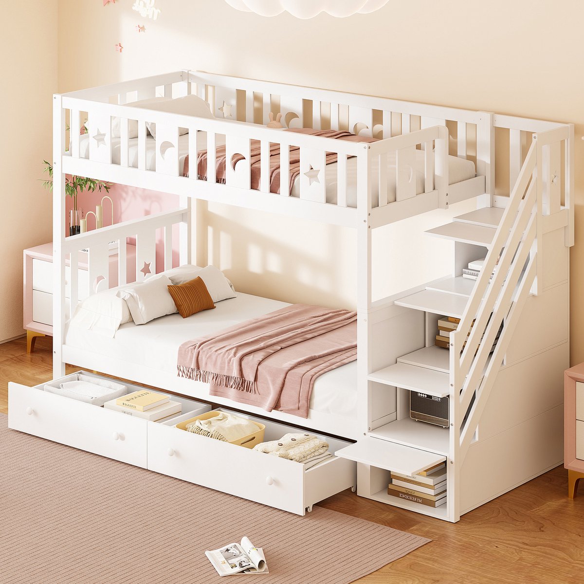 MODFU Stapelbed Voor Kinderen - Met Opbergtrap En Laden - Met Lattenbodems - Wit - 90 X 200 Cm