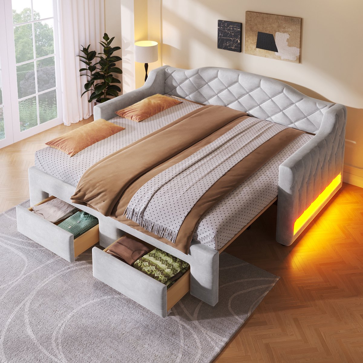 MODFU Uitschuifbaar Dagbed - Met 2 Lades En Ledverlichting - Gestoffeerd - Grijs - 90x200 Tot 180x200 Cm