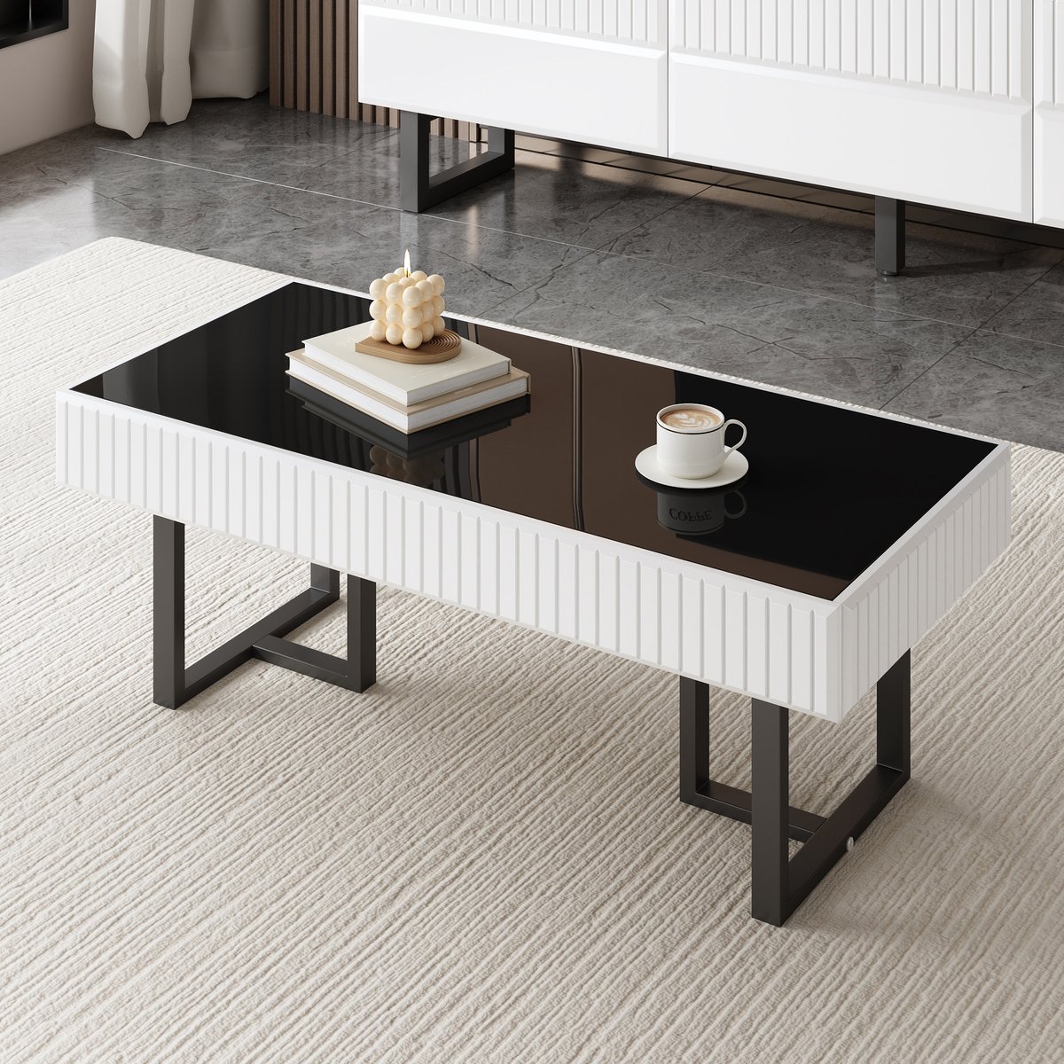 MODENUIT Salontafel - Hoogglans Tafelblad Met Kleurblokdesign - Voor Woonkamer - MDF En Spaanplaat - 110x50,5x41 Cm