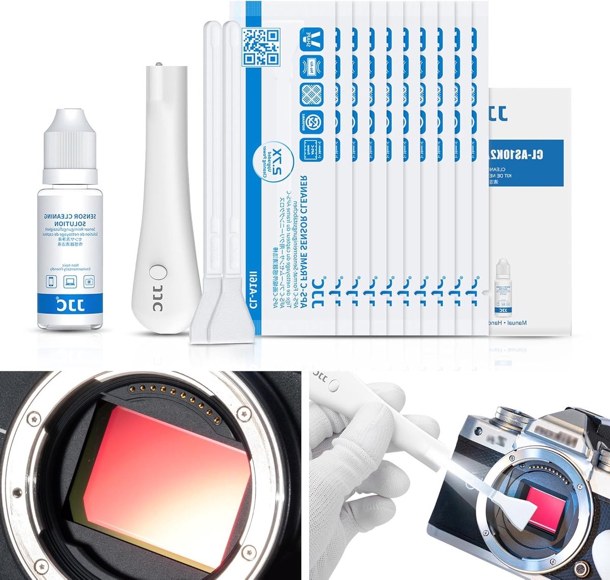 Professionele Camera Sensor Reinigingskit met Verlichting, 10 Stuks 16mm Swabs en Reinigingsoplossing voor APS-C Sensoren