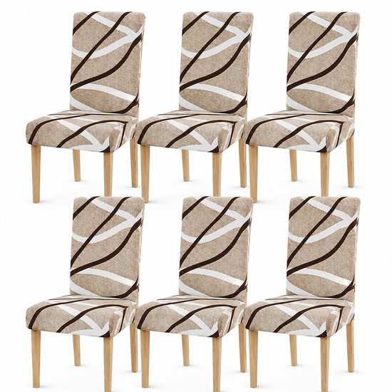 PolkaHome Rekbare Stoelhoezen Set van 6 – Beige Bruin Witte Print – Wasbare Eetkamerstoelhoezen voor Armloze Stoelen