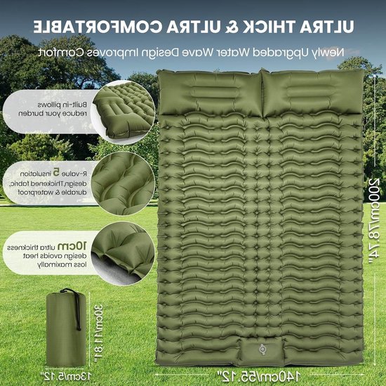 Dubbele Campingmat - Slaapmat Outdoor - Kamperen en Reizen - Zelfopblazend met Kussen - 200x140x10 cm - Olijfgroen — afbeelding 3