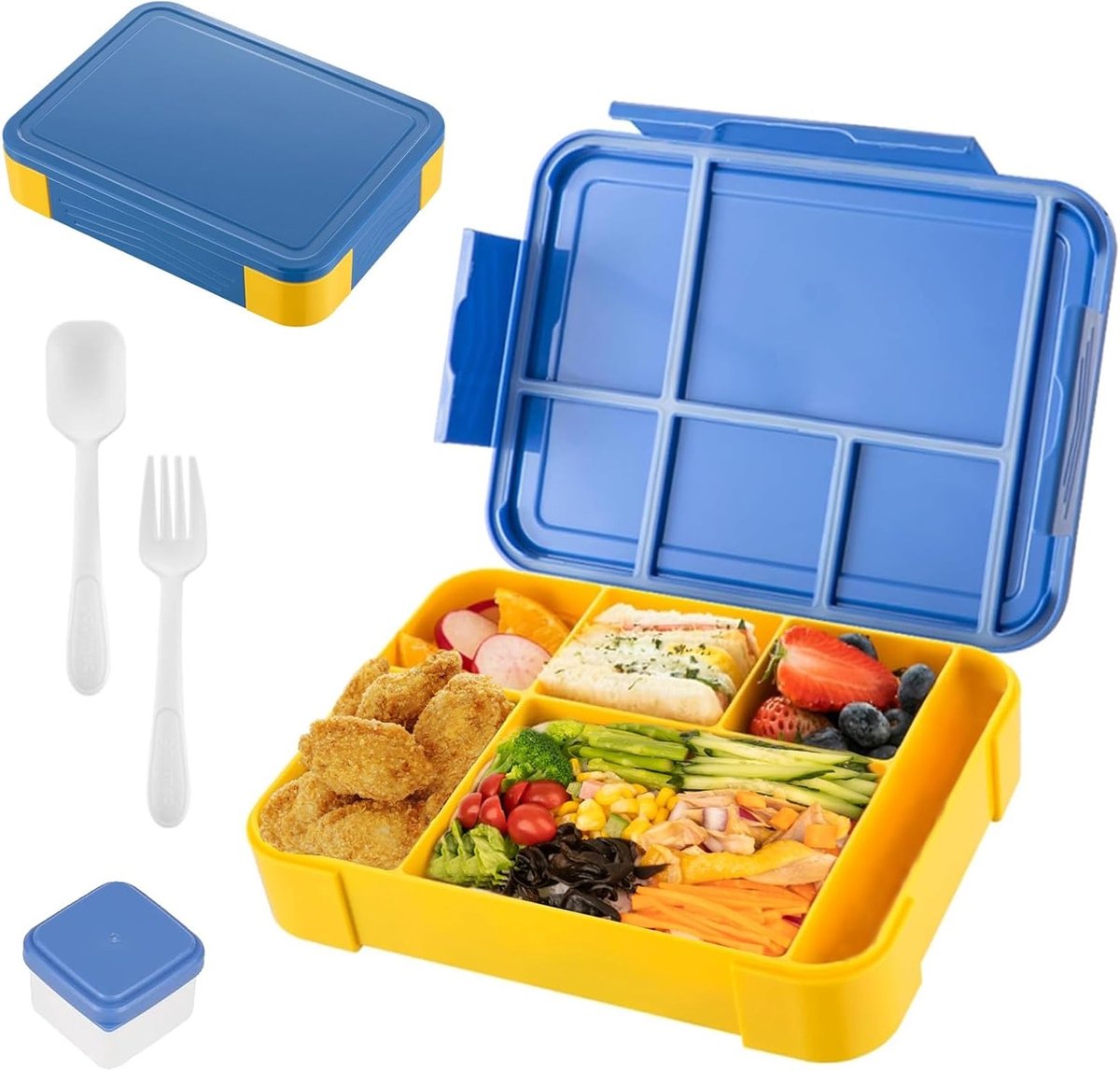 Lunchbox met 6 Compartimenten en Dressingcontainer, Lekvrije Snackdoos voor Kinderen en Volwassenen, Magnetron- en Vaatwasserbestendig, Ideaal voor School en Werk