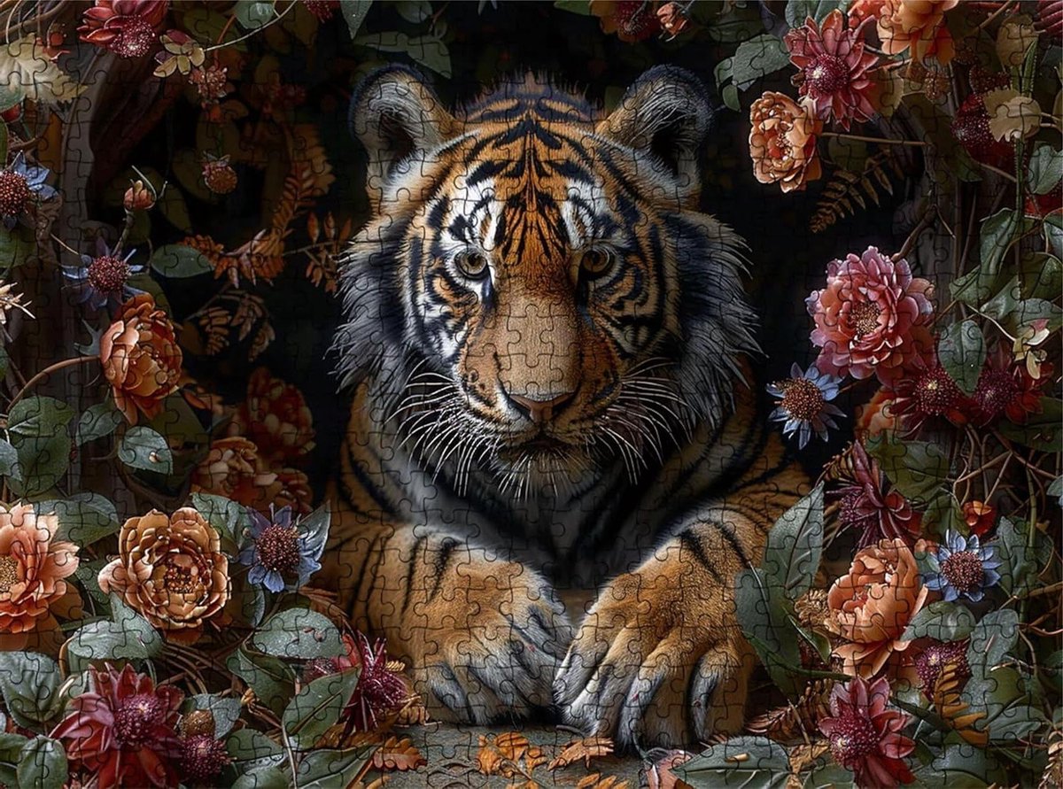 Puzzel 1000 stukjes - Raadsel - Ontspanning - Niet-reflecterend oppervlak - 75 x 50 cm - Bloemen tijger