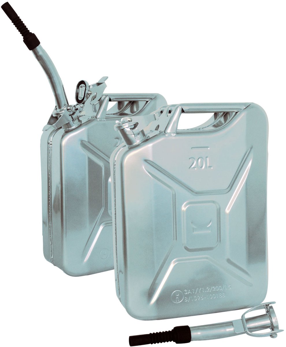 TRUTZHOLM - Metalen Jerrycan Set van 2 - 20 Liter - Zilver - Incl. Schenktuit & Houder - Benzine - Diesel - Stalen Brandstofkan