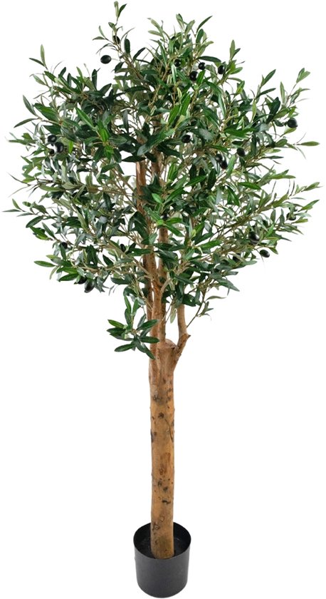 Kunstmatige olijfboom met realistische groene bladeren en zwarte olijven op een bruine stam, in een zwarte pot.