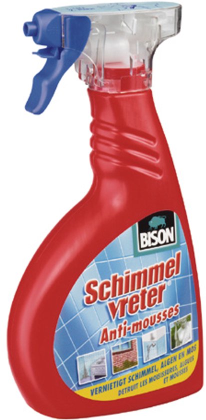 Rode Bison Schimmelvreter spuitfles met blauwe trigger, label met Nederlandse en Franse tekst.