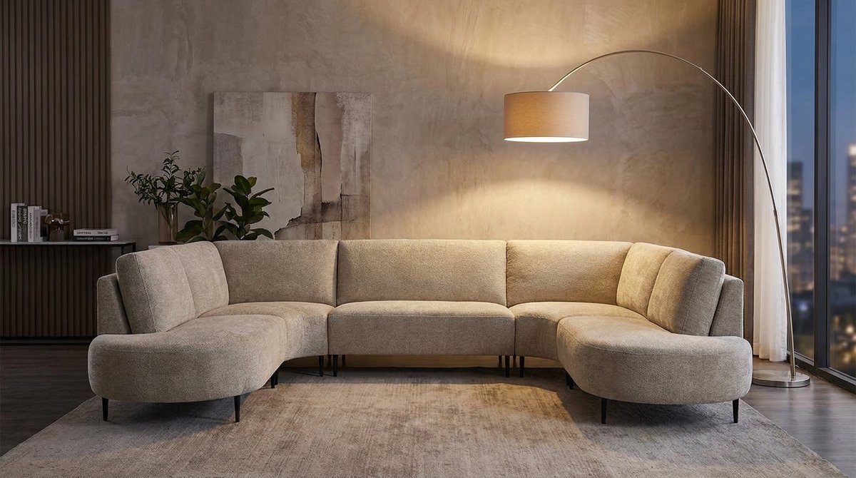 U-Bank 5-Zits – House&Garden Milano Elite Design Hoekbank XXL – Naturel Chenille – Luxe U-Vorm Bank met Zwart Metalen Poten – Moderne Loungebank 350x232x72 cm – Comfortabele Gezinsbank
