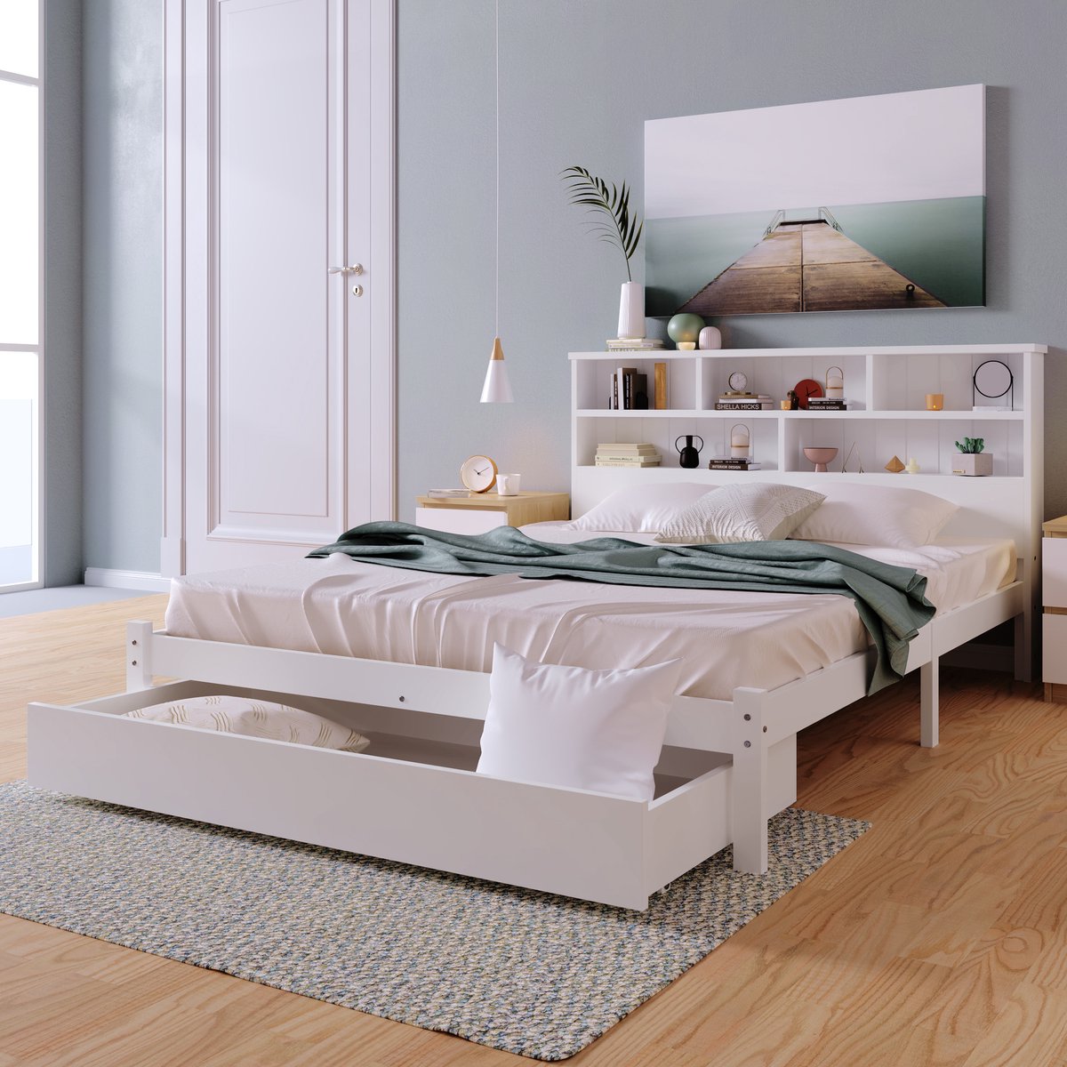HAUSS SPOLE Opbergbed 140x200 cm - Tweepersoonsbed Met Boekenkast Hoofdbord En Laden - Zonder Matras - Massief Hout - Wit
