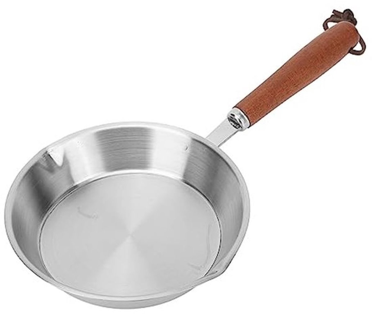 Roestvrijstalen volume, antiaanbakpan eierpan met houten handvat keukenkoekenpan geschikt voor alle foruizen inductiekookplaat, voor huishoudelijk restaurant, snelle verwarming