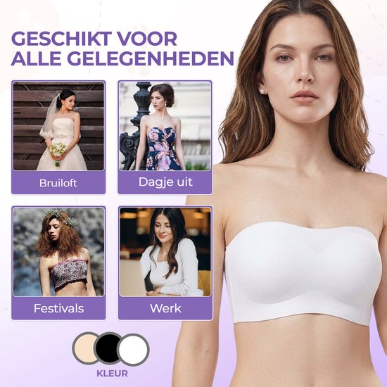 Witte strapless bh, geschikt voor bruiloft, dagje uit, festivals en werk. Kleuren: huidkleurig, zwart, wit.