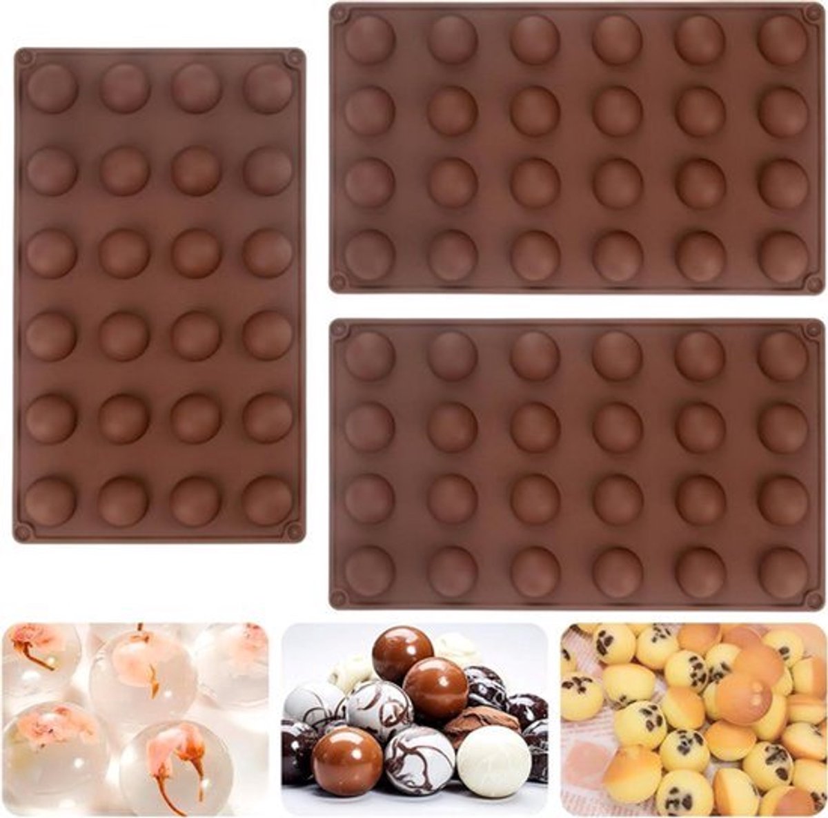 3 stuks halfronde siliconen chocoladevormen met 24 uitsparingen - anti-aanbaklaag voor bonbons, cake, gelei, koepel mousse - BPA-vrij en vaatwasmachinebestendig