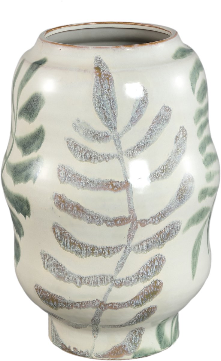PTMD Vandy White Round Ceramic Handpainted Pot Leaves S
