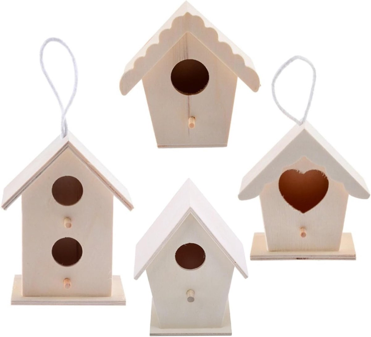 Houten Vogelhuisjes - Knutselsets - Doe-het-zelf Decoratie - Hartvormig Ontwerp - 4 Stuks - Natuurlijk Hout