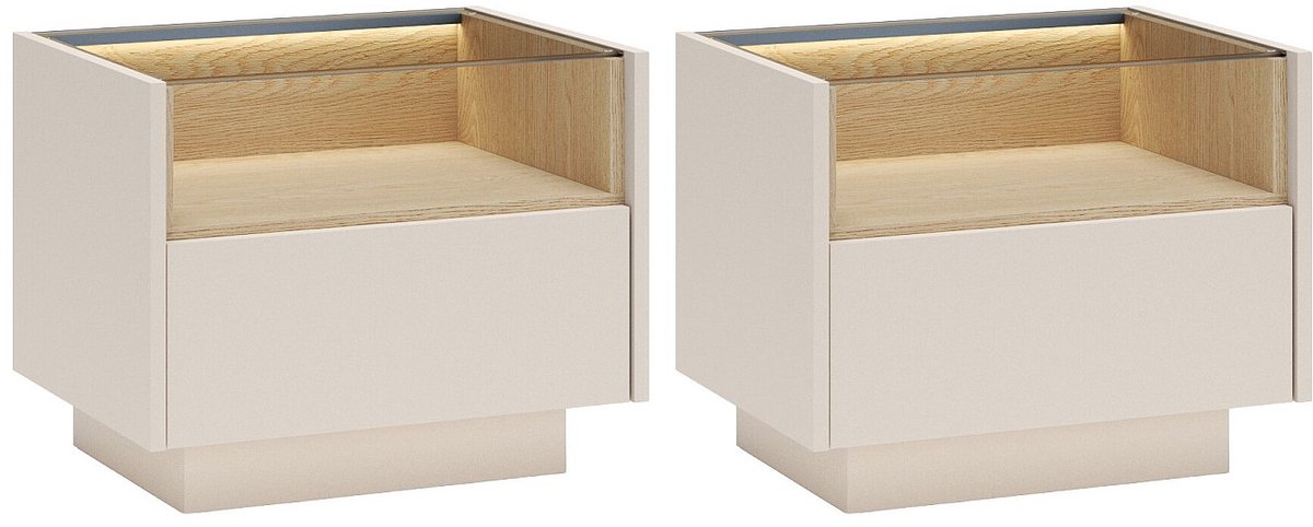 Vente-unique Set van 2 nachtkastjes 1 lade en 1 nis - Met leds - Beige en licht naturel - ALIVENTO