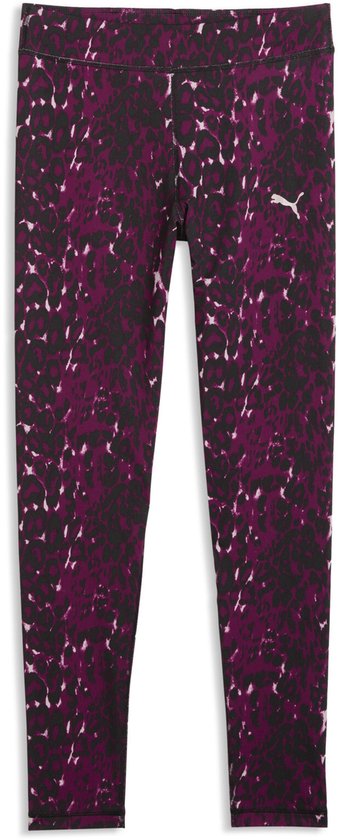 Paarse legging met dierenprint in zwart en roze, elastische tailleband en een wit PUMA-logo op de linkerheup.