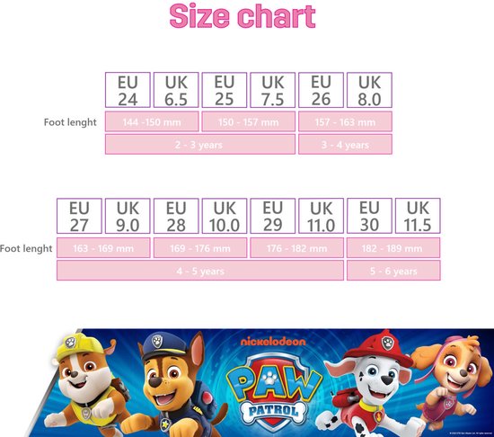 Maattabel voor kinderschoenen met EU- en UK-maten en voetlengtes.