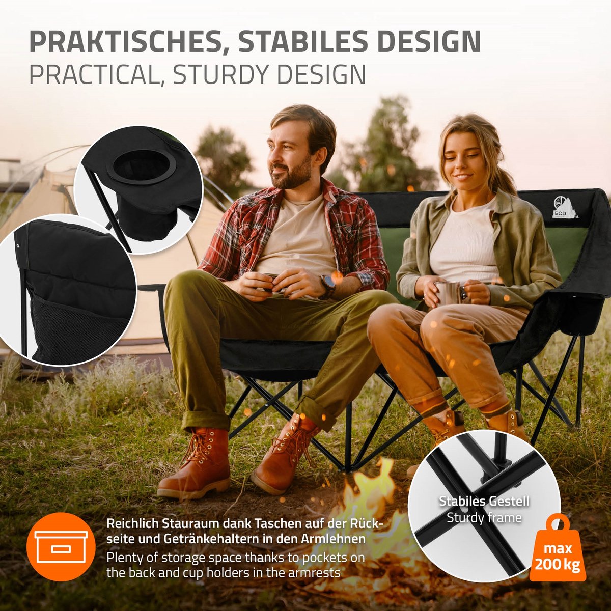 ECD Germany Campingstoel 2 personen opvouwbaar, dubbele klapstoel serie, khaki outdoor bank met stalen frame en bekerhouders, inclusief handige draagtas, gevoerd campingsofa voor camping vissen strand en tuingebruik — cadeau in Sport & Outdoor - foto 4