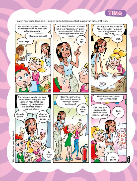 Stripverhaal met kinderen in een klaslokaal, getekend in een vrolijke stijl.