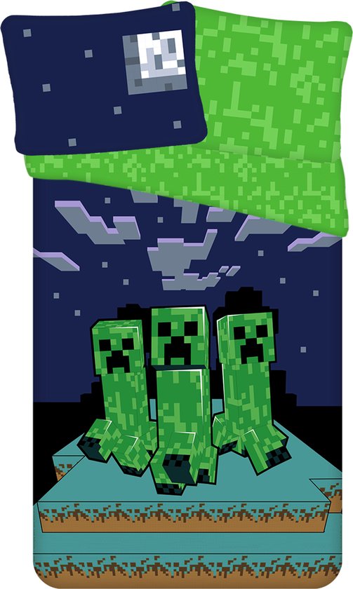Dekbedovertrek met Minecraft Creepers en een maan in pixelstijl op een donkerblauwe nachtelijke hemel.