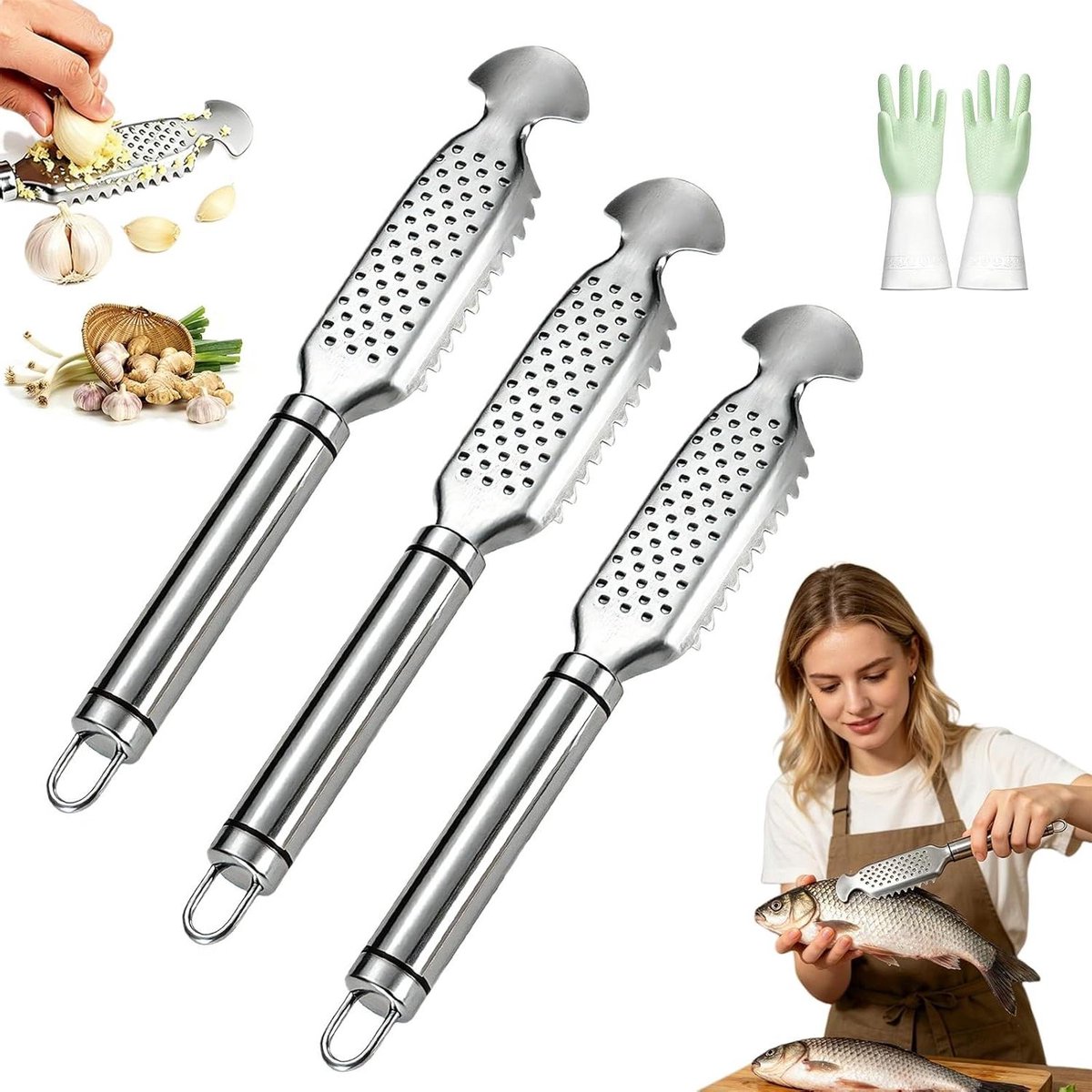 Vis Schubber Rasp - Keuken Gadget - Vis Bereiden - 2-in-1 Ontwerp - 3 Stuks - Zilver
