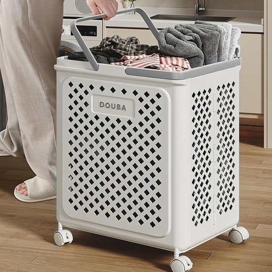 Wasmand Met Wielen - Opvouwbare Mand - Huis Organiseren - Lichtgewicht PP Materiaal - 49 cm Hoog - Wit — afbeelding 4
