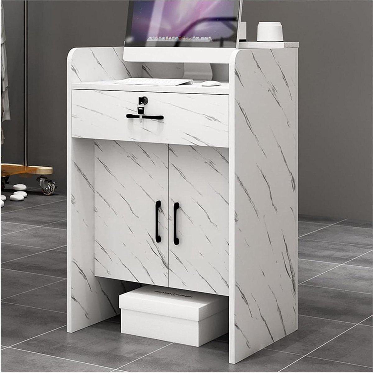 Ontvangstbalie - Moderne Toonbank - Kantoor Organisatie - Afsluitbare Lade - 60 x 43 x 95 cm - Wit Marmer
