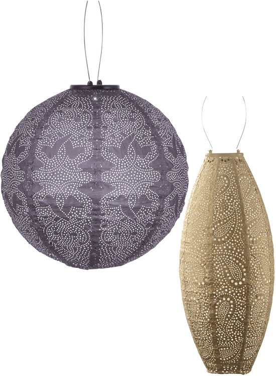 Twee lampionnen, één paarse bolvormige met patroon en één goudkleurige ovaalvormige, beide met open, gedetailleerd patroon.