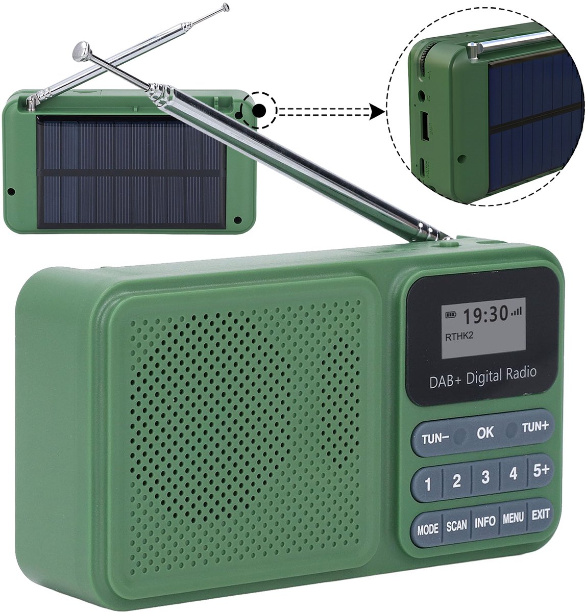 Fokelyi - DAB+ - FM Draagbare Radio - Bluetooth - Solar - Opladen en op Batterijen - Noodpakket - Groen